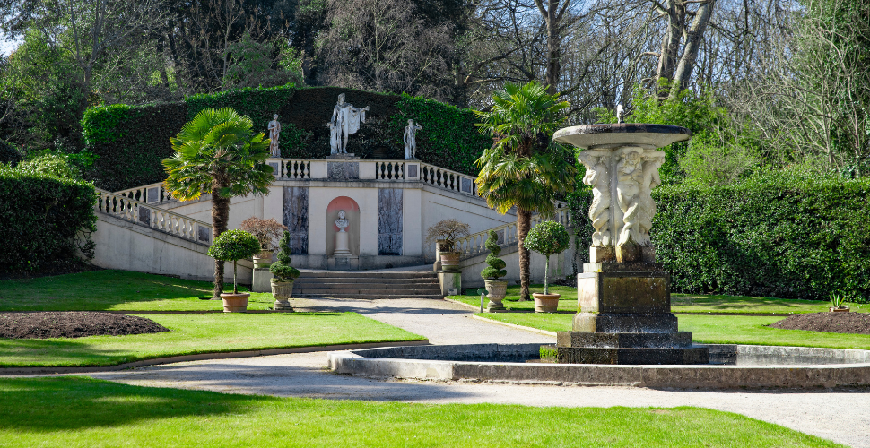 The gardens at Mount Edgcumbe with a fountain in the foreground